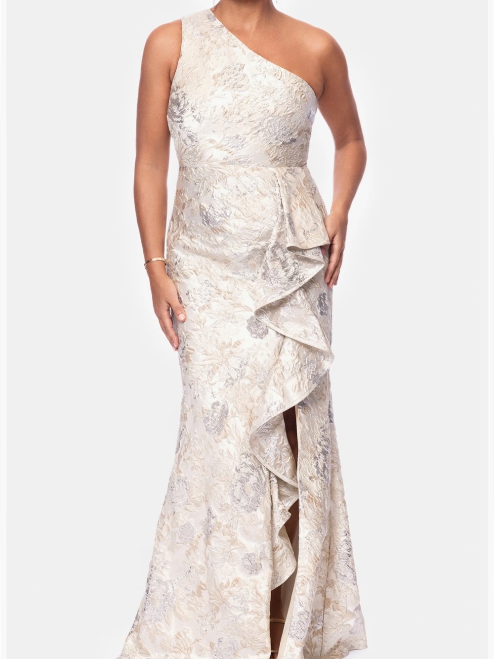Xscape evening Metallic Floral Jacquard One-Shoulder Sheath Gown sz 8 NWT